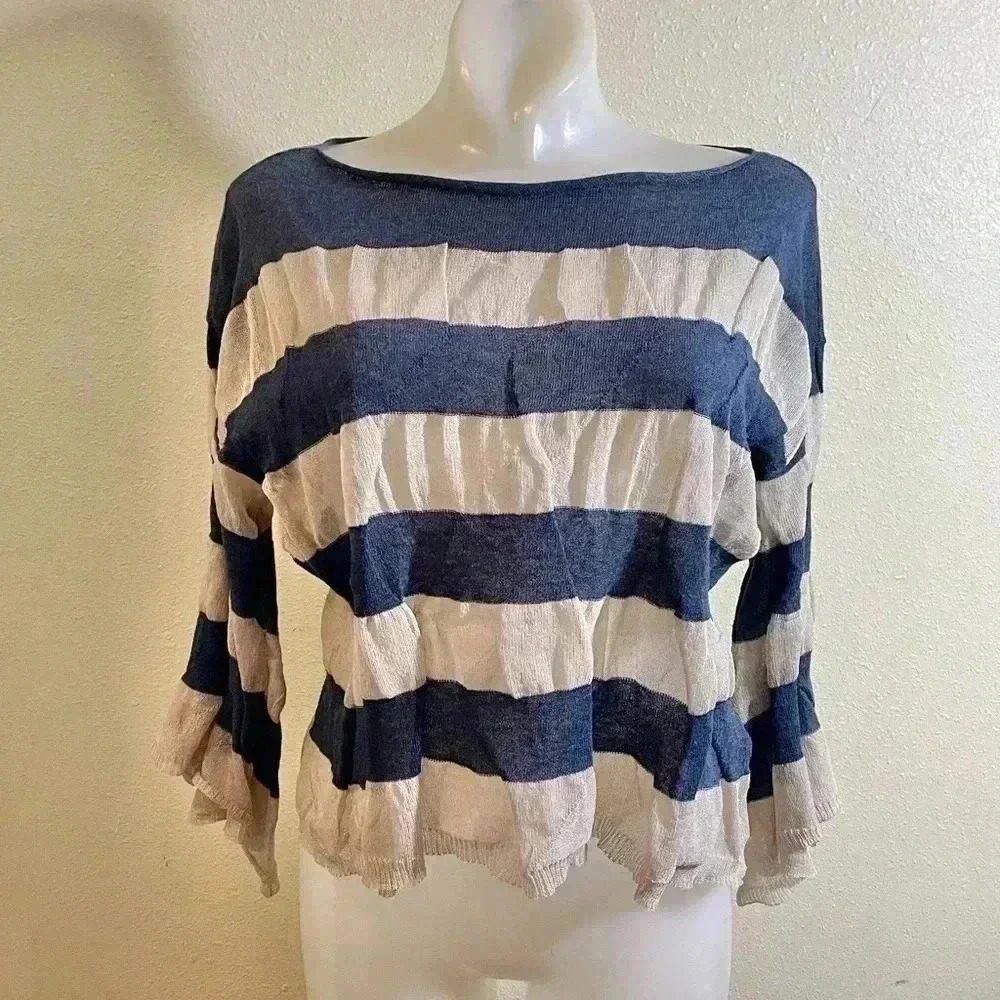 May Hsu OS (One Size) Crop Top Blue Cream Stripe Sheer Roll Boat Neck Pleat Det